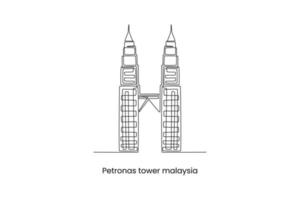 Kuala Lumpur, Malaysia - August 24, 2022 Continuous one line drawing Petronas Twin Towers in Kuala Lumpur Malaysia. Landmarks concept. Single line draw design vector graphic illustration.