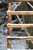 Close up of a wooden ladder covered in snow leaning against a tree in the forest, in portrait orientation photo
