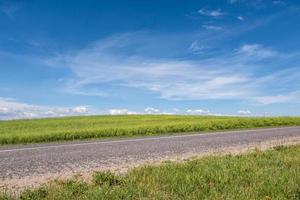 Asphalt highway empty road and clear blue sky with panoramic landscape photo