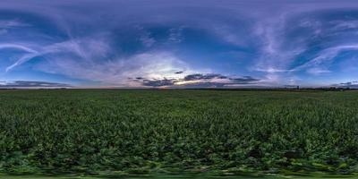 vista de ángulo de 360 grados de panorama hdri esférico completo sin costuras entre campos en la puesta de sol de la tarde de verano con impresionantes nubes rojas rosas azules en proyección equirectangular, listo para realidad virtual vr ar foto