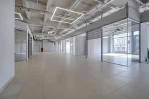 Modern white empty room interior with columns and panoramic windows.  room for office or store photo