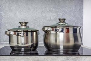 two pots are on an electric or induction hob photo
