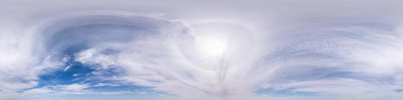 blue sky hdri 360 panorama with halo and haze in beautiful clouds in seamless projection with zenith for use in 3d graphics or game development as sky dome or edit drone shot for sky replacement photo