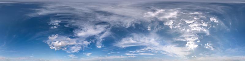 Seamless blue evening sky hdri panorama 360 degrees angle view with zenith and beautiful clouds for use in 3d graphics as sky dome or edit drone shot photo