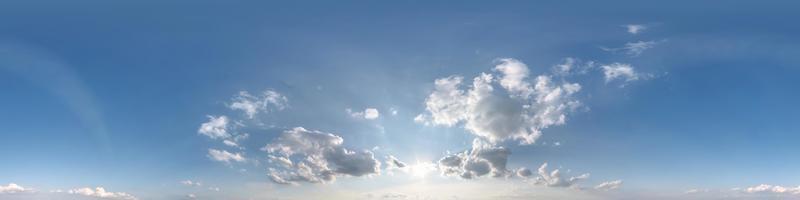 clear blue sky with white beautiful clouds. Seamless hdri panorama 360 degrees angle view  with zenith for use in 3d graphics or game development as sky dome or edit drone shot photo