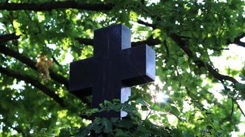 Shiny holy cross with sparkling sunbeams through foliage and sky shine a light of spiritual faith and christianity with symbol for religious death and gods resurrection in sunset cemetery grave stone video