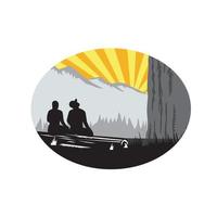 Trampers Sitting Looking Up Mountain Oval Woodcut vector