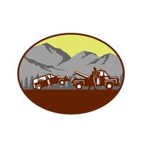 Car being towed Away Mountains Oval Woodcut vector