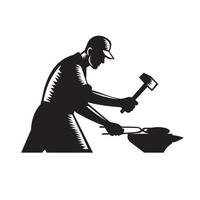 Blacksmith Worker Forging Iron Black and White Woodcut vector