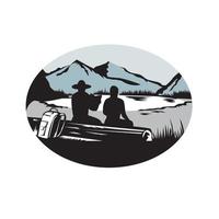 Two Trampers Sitting on Log Lake Mountain Oval Woodcut vector