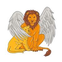 Winged Lion With Cub Under Its Wing Drawing vector