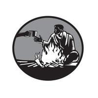 Camper Campfire Cup of Coffee Circle Woodcut vector