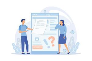 FAQ website support page, guides page. frequently asked questions or questions and answers, client or customer support, product and service information flat modern design illustration vector