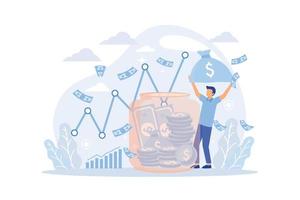 Saving account concept metaphor. People with coins and piggy bank. Accumulation of funds, wealth, passive income. safe future. Banking services, internet payment  flat vector modern illustration