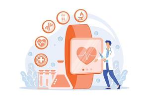 Doctor and smartwatch with heart and medical icons. Smartwatch health tracker and health monitor, activity tracking vector illustation