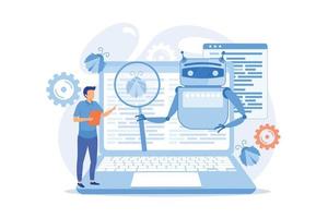 Controller reading regulations to robot. Artificial intelligence regulations, limitations in AI development vector illustration