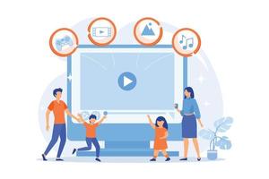 Tiny people family with kids watching smart television content. Smart TV content, smart TV interactive show vector illustration