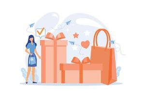 tarjeta de regalo con lazo y cinta, caja de regalo y ilustración vectorial de compras amorosas para mujeres. certificado de compras y vales de regalo ilustración vectorial vector