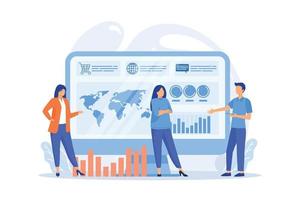 Tiny business people build dashboard and analyze statistics. Dashboard service, online reporting mechanism vector illustration