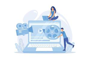 Marketing strategist with laptop working with video content. Video content marketing vector illustration