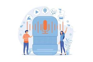 Users buying smart speaker applications online. Smart assistant applications online store vector illustation