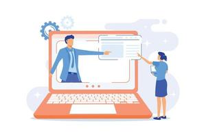 Chemistry online lessons. Biochemist presentation, science class, e learning. Laboratory worker cartoon character explaining pharmaceutical researches. vector
