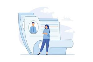 woman office workers standing in front of list of job applicants. Concept of choice of worker or personnel, staff recruitment or employee hiring flat vector modern illustration