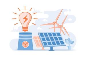 Eco friendly electricity. Wind farm, solar batteries, nuclear power plant. Sustainable energy resources  vector illustration