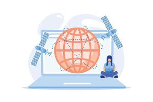 Boy use wireless Internet, teenager pastime, freelance job. Global web connection, global network communication vector illustration