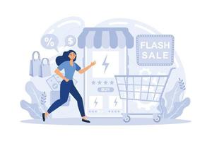 venta flash en línea, índice de ventas, pronóstico de ventas futuras, oferta especial, promoción de tiendas de comercio electrónico, estadísticas comerciales, ilustración vectorial de metáfora abstracta de rendimiento vector