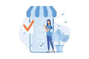 Order placed  E-commerce model, online store delivery, booking process, order placed, courier service, shipping conditions, purchase made flat design modern illustration