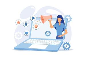 Internet marketing. Girl with loudspeaker making announcement. Advertisement, commercial, notification. Using social network to promote goods. flat design modern illustration vector