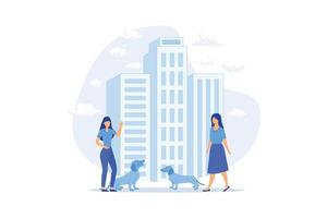 mascota en la gran ciudad manteniendo al animal en el apartamento, lugar para pasear mascotas, ciudad conveniente para perros, reglas y regulaciones, limpieza de instalaciones al aire libre diseño plano ilustración moderna vector