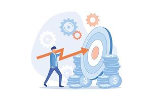 Business objective, purpose or target, goal and resolution to aim for success, aspiration and motivation to achieve goal concept, confident businessman stand with arrow hit bullseye on archery target. vector