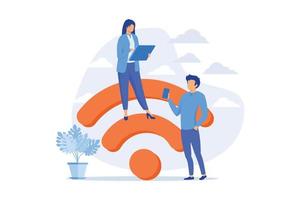 Public wi fi hotspot. Wireless technology, free signal zone, web connection. People surfing internet using portable gadgets, smartphone and laptop flat design modern illustration
