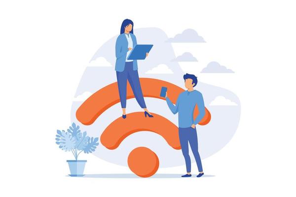 Public wi fi hotspot. Wireless technology, free signal zone, web connection. People surfing internet using portable gadgets, smartphone and laptop flat design modern illustration