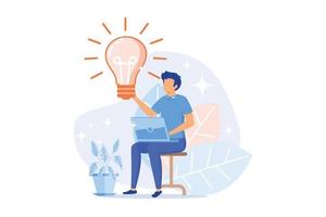 Thinking outside the box. Creative solution, inspirational plan, creativity idea. Man working with laptop cartoon character. Think different. Vector illustration