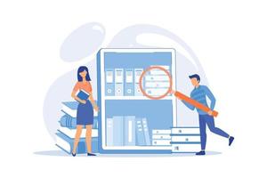 Public library visitors. Scientific research, self study, educational center. People looking for books on library shelves, reading textbooks flat design modern illustration vector