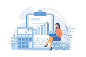 Woman accountant Statement analysis, budget planning, bookkeeping operation, financial audit. Woman working on income statistics. flat design modern illustration vector