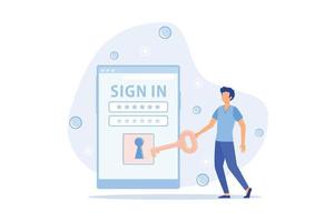 Online registration and sign up concept. Young man signing up or login to online account on smartphone app. User interface. Secure login and password. vector