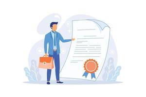 Characters Get Notary Professional Service. People Visit Lawyer Office for Signing Legal Documents. Tiny Secretary with Huge Pen Sign Documentation. vector