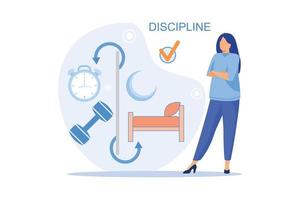 Discipline concept Working day idea metaphor. Daily affairs of person, Fulfillment of planned plans according to regulations flat vector modern design illustration
