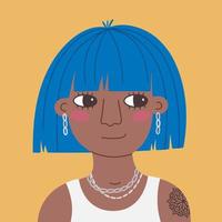 Portrait of a cute smiling black woman with blue hair. Vector flat illustration of a young girl with a tattoo. Modern lady with jewelry in a white top. Hand drawn cartoon avatar for social network.