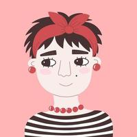 Portrait of a cute smiling French woman. Vector flat illustration of a young girl with a brown hair and headband . Happy smiling lady with jewelry in a striped sweater on pink background. 60s fashion.