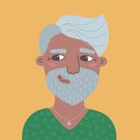 Portrait of smiling aged casual man. Vector flat illustration of a dark-skinned guy with a gray beard. Happy smiling person with positive emotions on yellow background for avatars and posters.