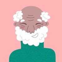 Portrait of a laughing casual old man. Happy elderly guy demonstrate positive emotions isolated on pink background. Colorful cheerful male in cartoon style. Vector flat avatar for social networks.