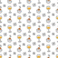 Seamless pattern with the image of a glass of wine and a muffin on a white background. Abstract geometric texture. Cute style for the design of gift packages and textiles. vector