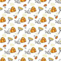 Seamless autumn pattern with the image of a mushrooms and a berries on a white background. Abstract geometric texture. Cute style for the design of gift packages and textiles. vector