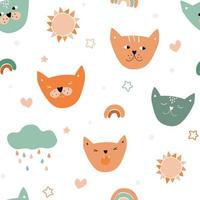 Seamless pattern with funny faces of cats. Summer cute print with rainbow, clouds, raindrops. Vector graphics.