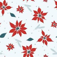 Seamless pattern with Christmas poinsettia flower. Winter New Year's print with snowflakes. Vector graphics.